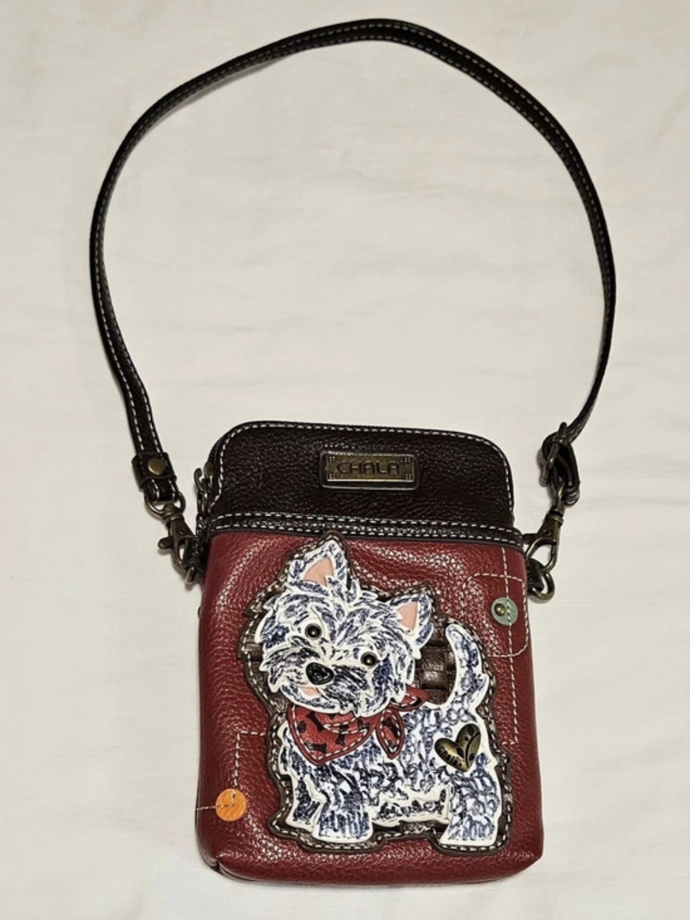 Chala White Terrier Applique Leather Pouch Cellphone Holder Bag Red & Brown EUC
